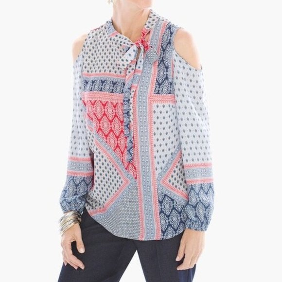 Chico's Boho Bohemian Elements Cold Shoulder Tie Neck Patchwork Top Size 2 - Picture 10 of 10